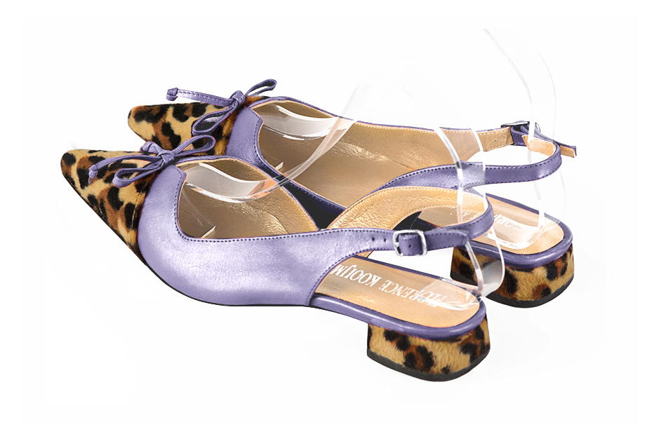 Safari black and lilac purple women's open back shoes, with a knot. Pointed toe. Flat flare heels. Rear view - Florence KOOIJMAN